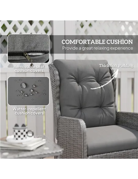 Outsunny 5 Pieces Rattan Bistro Set with Adjustable Back, Reclining Wicker Balcony Furniture with Cushions, Glass Top Coffee Tab