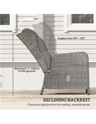 Outsunny 5 Pieces Rattan Bistro Set with Adjustable Back, Reclining Wicker Balcony Furniture with Cushions, Glass Top Coffee Tab