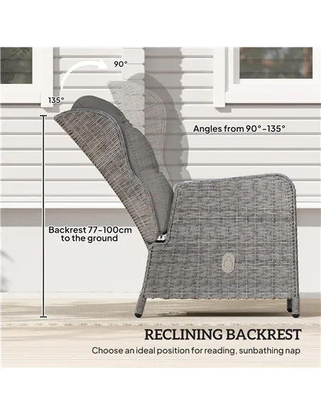 Outsunny 5 Pieces Rattan Bistro Set with Adjustable Back, Reclining Wicker Balcony Furniture with Cushions, Glass Top Coffee Tab