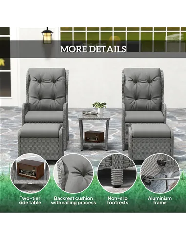 Outsunny 5 Pieces Rattan Bistro Set with Adjustable Back, Reclining Wicker Balcony Furniture with Cushions, Glass Top Coffee Tab