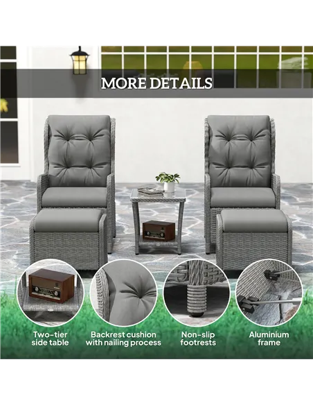 Outsunny 5 Pieces Rattan Bistro Set with Adjustable Back, Reclining Wicker Balcony Furniture with Cushions, Glass Top Coffee Tab