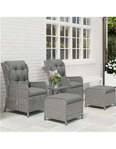 Outsunny 5 Pieces Rattan Bistro Set with Adjustable Back, Reclining Wicker Balcony Furniture with Cushions, Glass Top Coffee Tab