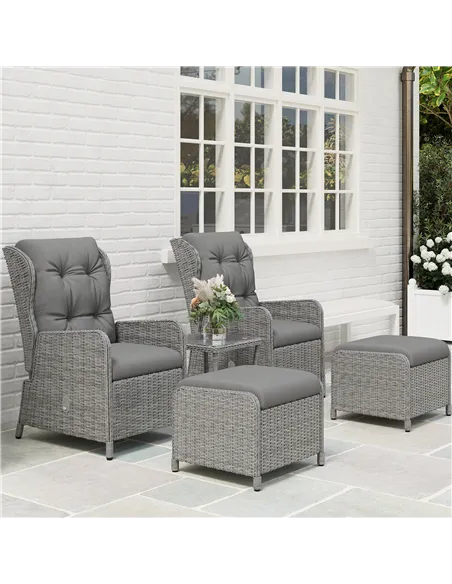 Outsunny 5 Pieces Rattan Bistro Set with Adjustable Back, Reclining Wicker Balcony Furniture with Cushions, Glass Top Coffee Tab