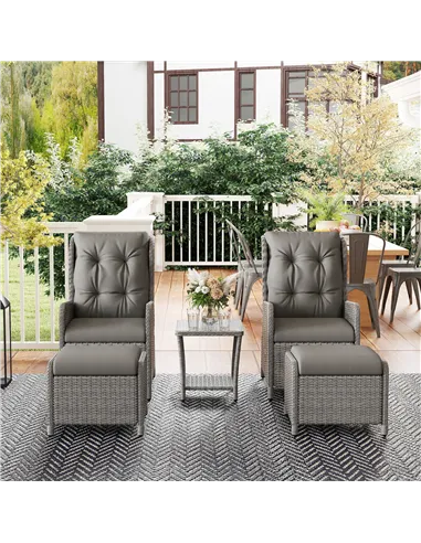 Outsunny 5 Pieces Rattan Bistro Set with Adjustable Back, Reclining Wicker Balcony Furniture with Cushions, Glass Top Coffee Tab