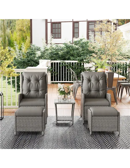 Outsunny 5 Pieces Rattan Bistro Set with Adjustable Back, Reclining Wicker Balcony Furniture with Cushions, Glass Top Coffee Tab