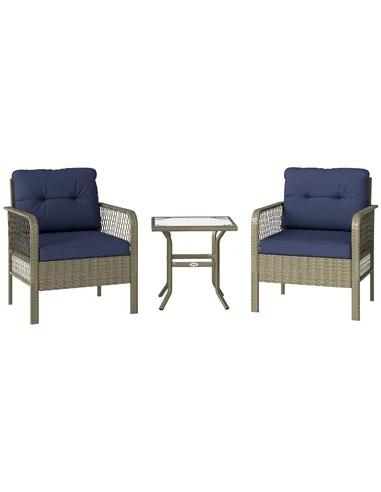 Outsunny 3 Pieces Rattan Bistro Set with Glass Top Coffee Table, Chairs and Cushions for Outdoor, Patio, Balcony, Charcoal Grey