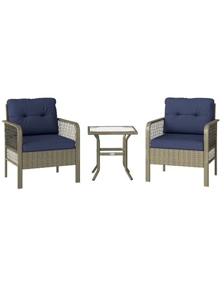 Outsunny 3 Pieces Rattan Bistro Set with Glass Top Coffee Table, Chairs and Cushions for Outdoor, Patio, Balcony, Charcoal Grey