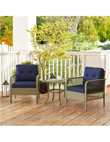 Outsunny 3 Pieces Rattan Bistro Set with Glass Top Coffee Table, Chairs and Cushions for Outdoor, Patio, Balcony, Charcoal Grey