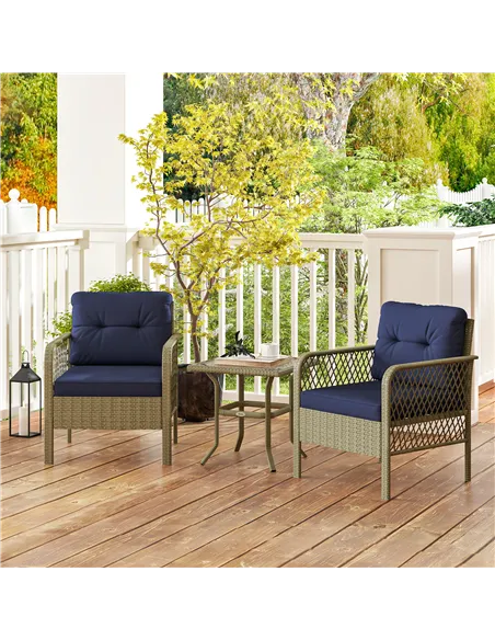 Outsunny 3 Pieces Rattan Bistro Set with Glass Top Coffee Table, Chairs and Cushions for Outdoor, Patio, Balcony, Charcoal Grey