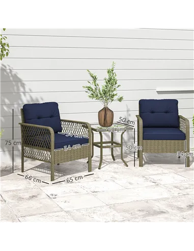 Outsunny 3 Pieces Rattan Bistro Set with Glass Top Coffee Table, Chairs and Cushions for Outdoor, Patio, Balcony, Charcoal Grey