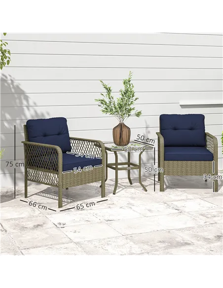 Outsunny 3 Pieces Rattan Bistro Set with Glass Top Coffee Table, Chairs and Cushions for Outdoor, Patio, Balcony, Charcoal Grey