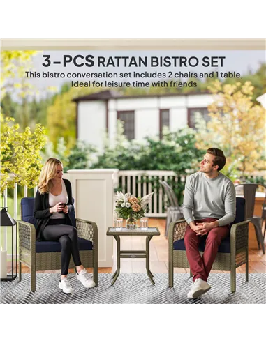 Outsunny 3 Pieces Rattan Bistro Set with Glass Top Coffee Table, Chairs and Cushions for Outdoor, Patio, Balcony, Charcoal Grey