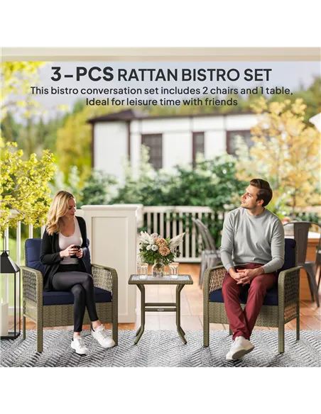 Outsunny 3 Pieces Rattan Bistro Set with Glass Top Coffee Table, Chairs and Cushions for Outdoor, Patio, Balcony, Charcoal Grey