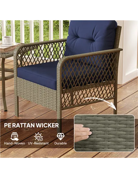 Outsunny 3 Pieces Rattan Bistro Set with Glass Top Coffee Table, Chairs and Cushions for Outdoor, Patio, Balcony, Charcoal Grey