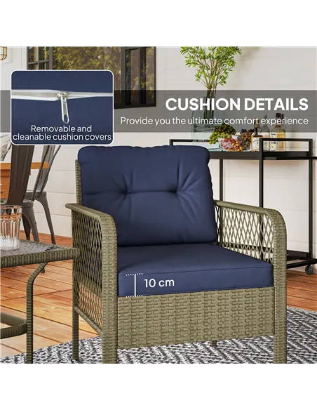 Outsunny 3 Pieces Rattan Bistro Set with Glass Top Coffee Table, Chairs and Cushions for Outdoor, Patio, Balcony, Charcoal Grey