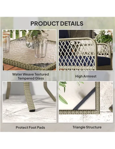 Outsunny 3 Pieces Rattan Bistro Set with Glass Top Coffee Table, Chairs and Cushions for Outdoor, Patio, Balcony, Charcoal Grey