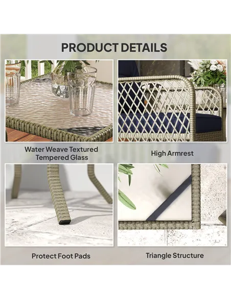 Outsunny 3 Pieces Rattan Bistro Set with Glass Top Coffee Table, Chairs and Cushions for Outdoor, Patio, Balcony, Charcoal Grey