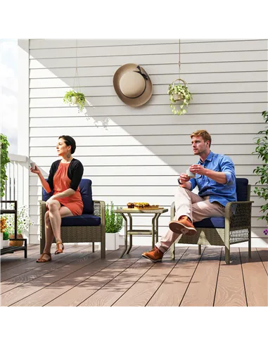 Outsunny 3 Pieces Rattan Bistro Set with Glass Top Coffee Table, Chairs and Cushions for Outdoor, Patio, Balcony, Charcoal Grey