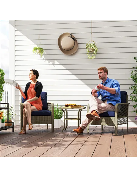 Outsunny 3 Pieces Rattan Bistro Set with Glass Top Coffee Table, Chairs and Cushions for Outdoor, Patio, Balcony, Charcoal Grey