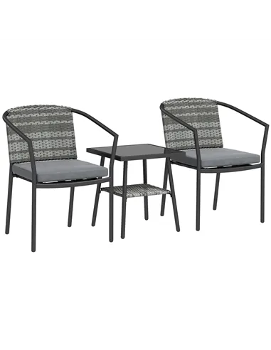 Outsunny 3 Pieces Rattan Bistro Set with Cushions, Wicker Garden Furniture Set, Glass Top Coffee Table and Chairs for Outdoor Pa