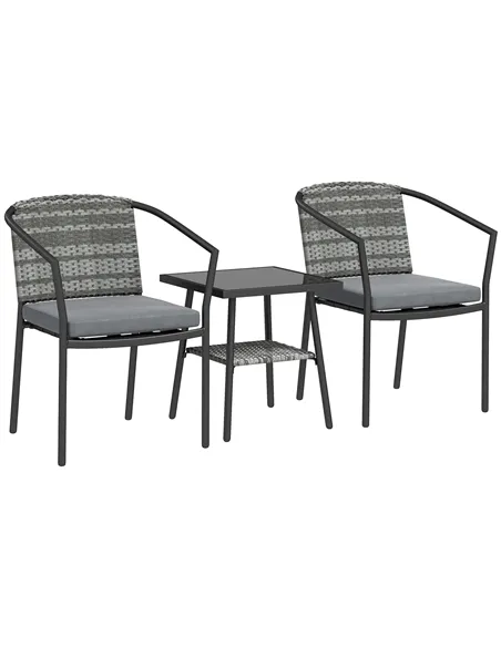 Outsunny 3 Pieces Rattan Bistro Set with Cushions, Wicker Garden Furniture Set, Glass Top Coffee Table and Chairs for Outdoor Pa