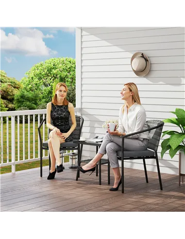 Outsunny 3 Pieces Rattan Bistro Set with Cushions, Wicker Garden Furniture Set, Glass Top Coffee Table and Chairs for Outdoor Pa