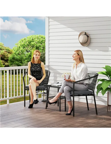 Outsunny 3 Pieces Rattan Bistro Set with Cushions, Wicker Garden Furniture Set, Glass Top Coffee Table and Chairs for Outdoor Pa