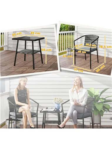 Outsunny 3 Pieces Rattan Bistro Set with Cushions, Wicker Garden Furniture Set, Glass Top Coffee Table and Chairs for Outdoor Pa