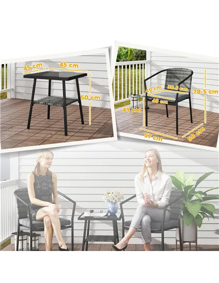 Outsunny 3 Pieces Rattan Bistro Set with Cushions, Wicker Garden Furniture Set, Glass Top Coffee Table and Chairs for Outdoor Pa