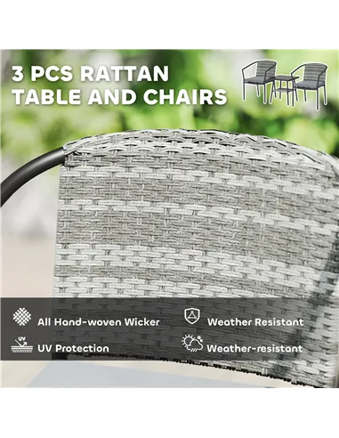 Outsunny 3 Pieces Rattan Bistro Set with Cushions, Wicker Garden Furniture Set, Glass Top Coffee Table and Chairs for Outdoor Pa