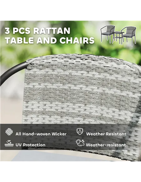 Outsunny 3 Pieces Rattan Bistro Set with Cushions, Wicker Garden Furniture Set, Glass Top Coffee Table and Chairs for Outdoor Pa