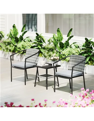 Outsunny 3 Pieces Rattan Bistro Set with Cushions, Wicker Garden Furniture Set, Glass Top Coffee Table and Chairs for Outdoor Pa