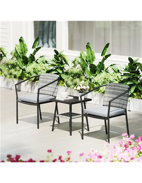 Outsunny 3 Pieces Rattan Bistro Set with Cushions, Wicker Garden Furniture Set, Glass Top Coffee Table and Chairs for Outdoor Pa