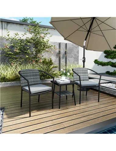 Outsunny 3 Pieces Rattan Bistro Set with Cushions, Wicker Garden Furniture Set, Glass Top Coffee Table and Chairs for Outdoor Pa