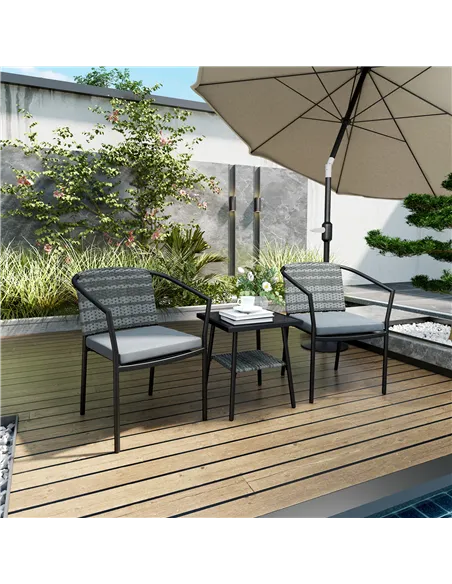 Outsunny 3 Pieces Rattan Bistro Set with Cushions, Wicker Garden Furniture Set, Glass Top Coffee Table and Chairs for Outdoor Pa