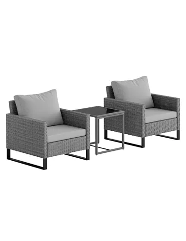 Outsunny 3 Pieces Rattan Bistro Set with 4 Cushions, Wicker Garden Furniture Set, Glass Top Coffee Table and Chairs for Outdoor 