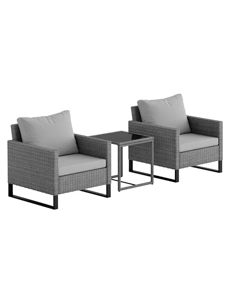 Outsunny 3 Pieces Rattan Bistro Set with 4 Cushions, Wicker Garden Furniture Set, Glass Top Coffee Table and Chairs for Outdoor 