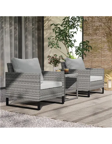 Outsunny 3 Pieces Rattan Bistro Set with 4 Cushions, Wicker Garden Furniture Set, Glass Top Coffee Table and Chairs for Outdoor 