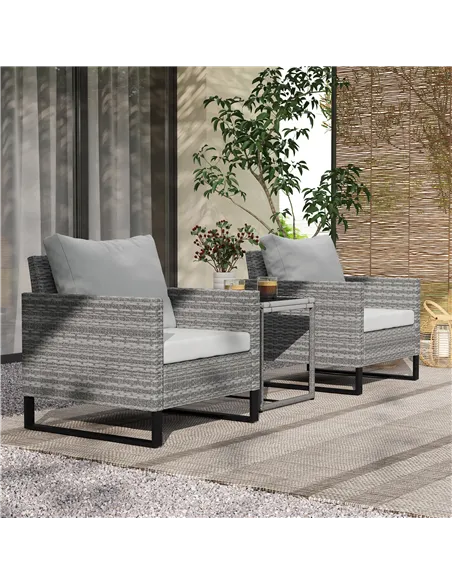 Outsunny 3 Pieces Rattan Bistro Set with 4 Cushions, Wicker Garden Furniture Set, Glass Top Coffee Table and Chairs for Outdoor 