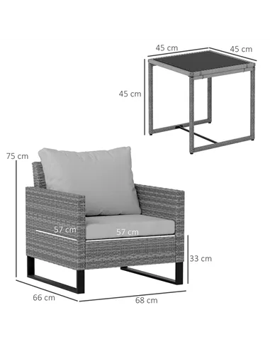 Outsunny 3 Pieces Rattan Bistro Set with 4 Cushions, Wicker Garden Furniture Set, Glass Top Coffee Table and Chairs for Outdoor 