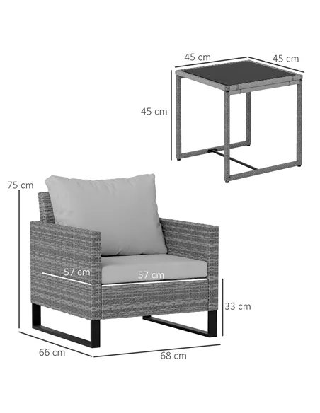 Outsunny 3 Pieces Rattan Bistro Set with 4 Cushions, Wicker Garden Furniture Set, Glass Top Coffee Table and Chairs for Outdoor 