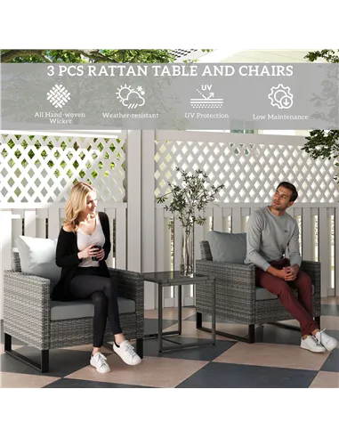 Outsunny 3 Pieces Rattan Bistro Set with 4 Cushions, Wicker Garden Furniture Set, Glass Top Coffee Table and Chairs for Outdoor 