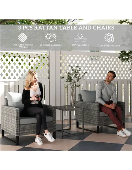 Outsunny 3 Pieces Rattan Bistro Set with 4 Cushions, Wicker Garden Furniture Set, Glass Top Coffee Table and Chairs for Outdoor 