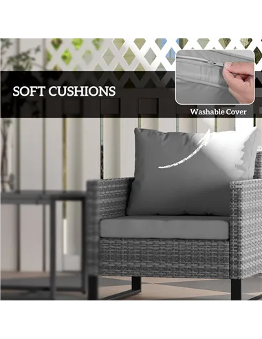 Outsunny 3 Pieces Rattan Bistro Set with 4 Cushions, Wicker Garden Furniture Set, Glass Top Coffee Table and Chairs for Outdoor 