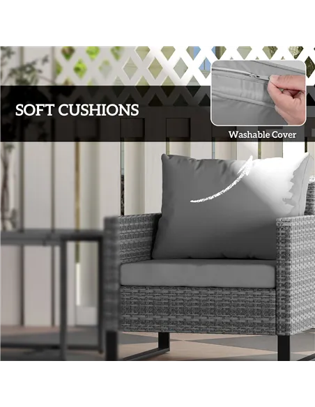 Outsunny 3 Pieces Rattan Bistro Set with 4 Cushions, Wicker Garden Furniture Set, Glass Top Coffee Table and Chairs for Outdoor 