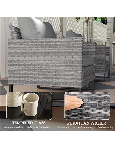 Outsunny 3 Pieces Rattan Bistro Set with 4 Cushions, Wicker Garden Furniture Set, Glass Top Coffee Table and Chairs for Outdoor 