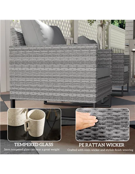 Outsunny 3 Pieces Rattan Bistro Set with 4 Cushions, Wicker Garden Furniture Set, Glass Top Coffee Table and Chairs for Outdoor 