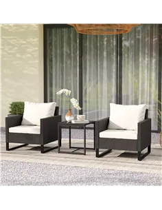 Outsunny 3 Pieces Rattan Bistro Set with 4 Cushions, Wicker Garden Furniture Set, Glass Top Coffee Table and Chairs for Outdoor  2