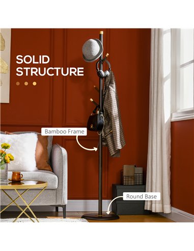 HOMCOM Vintage Coat Rack Stand Freestanding Hall Tree with 6 Hooks Bamboo Frame for Entryway Hallway Bedroom Walnut