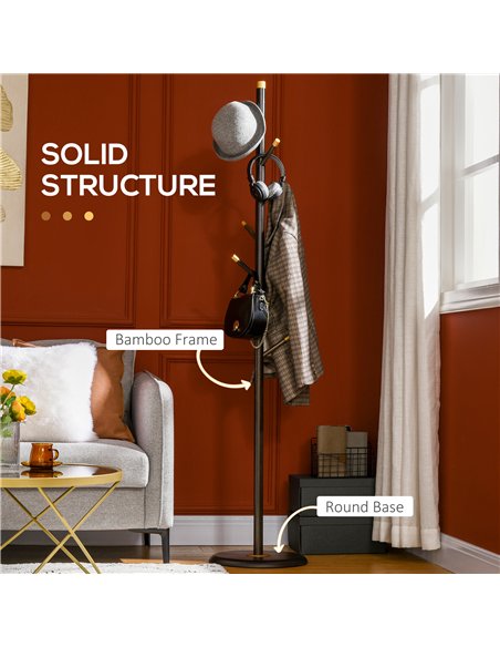 HOMCOM Vintage Coat Rack Stand Freestanding Hall Tree with 6 Hooks Bamboo Frame for Entryway Hallway Bedroom Walnut